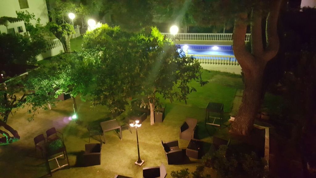 Vista aérea del jardín y piscina